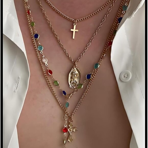 Gold Layered Cross Necklaces Set for Women Dainty Vintage Virgin Mary Jewelry - Picture 1 of 8